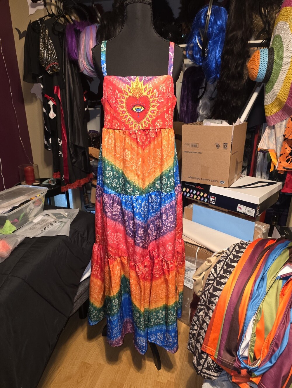 Bohemian Rainbow Maxi Dress with Sunburst Heart